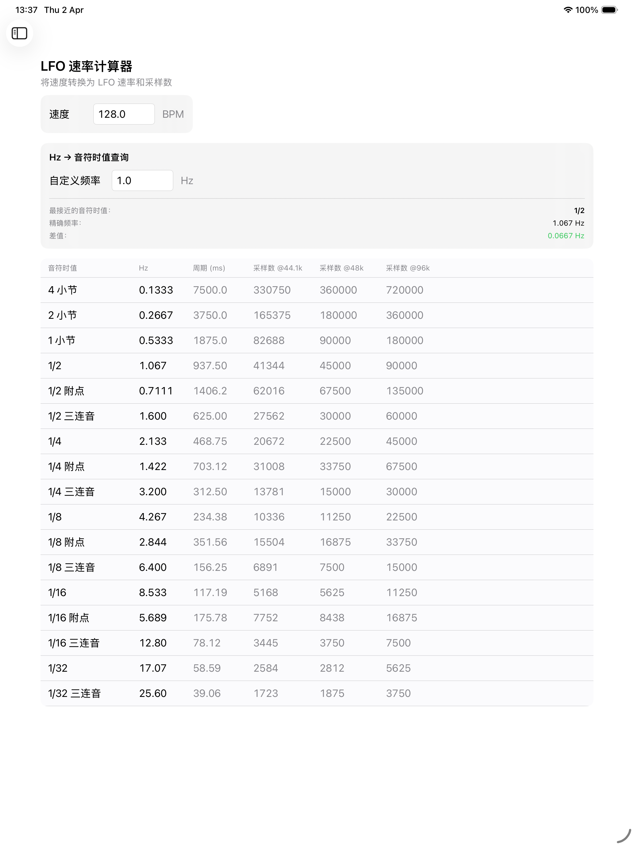 iPad上的LFO速率界面